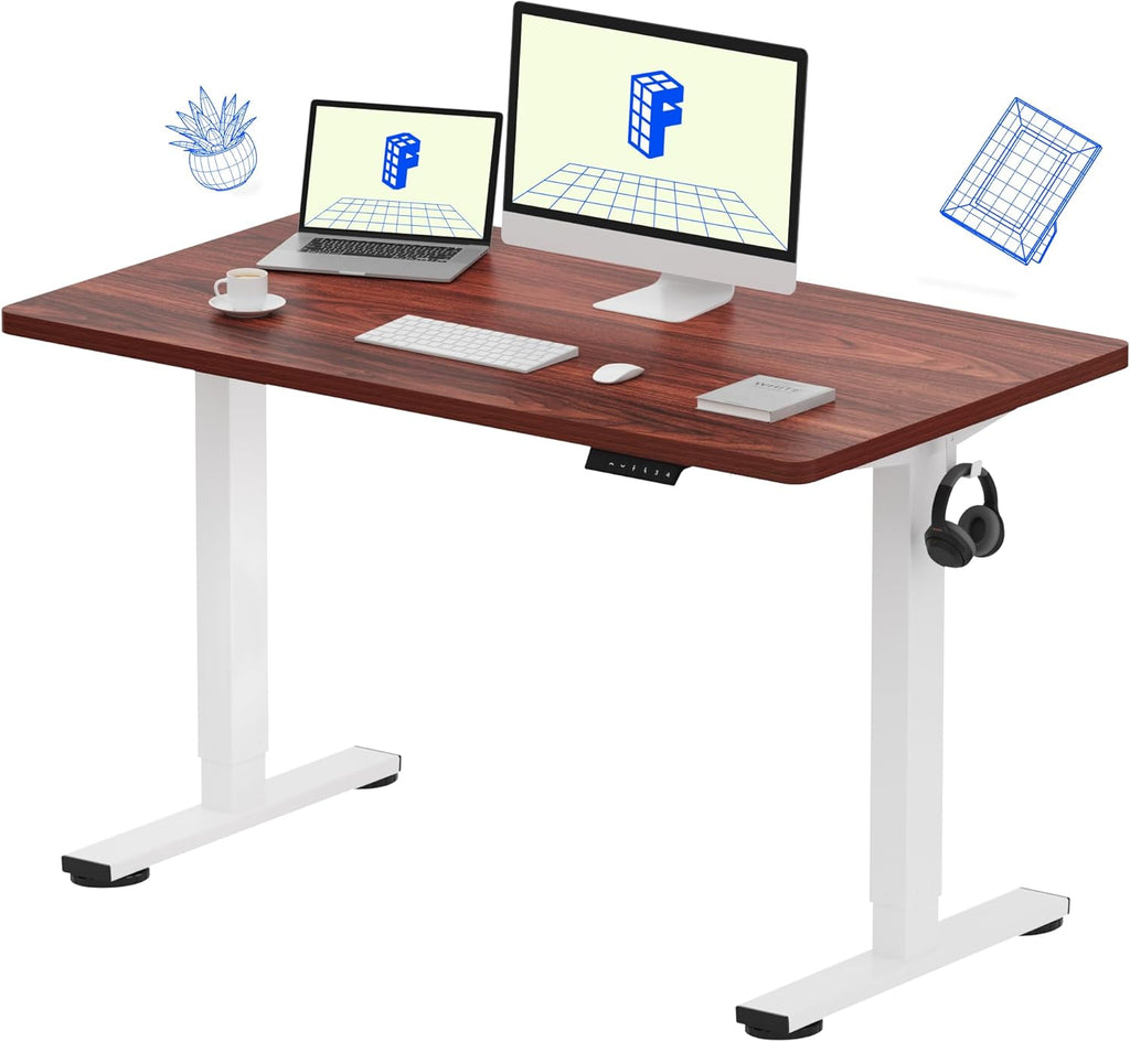 FLEXISPOT EN1 One Piece Standing Desk 48 x 24 Inch Electric Adjustable Height Desk for Home Office and Computer Workstation (White Frame + 48" Mahogany Top, 2 Packages)