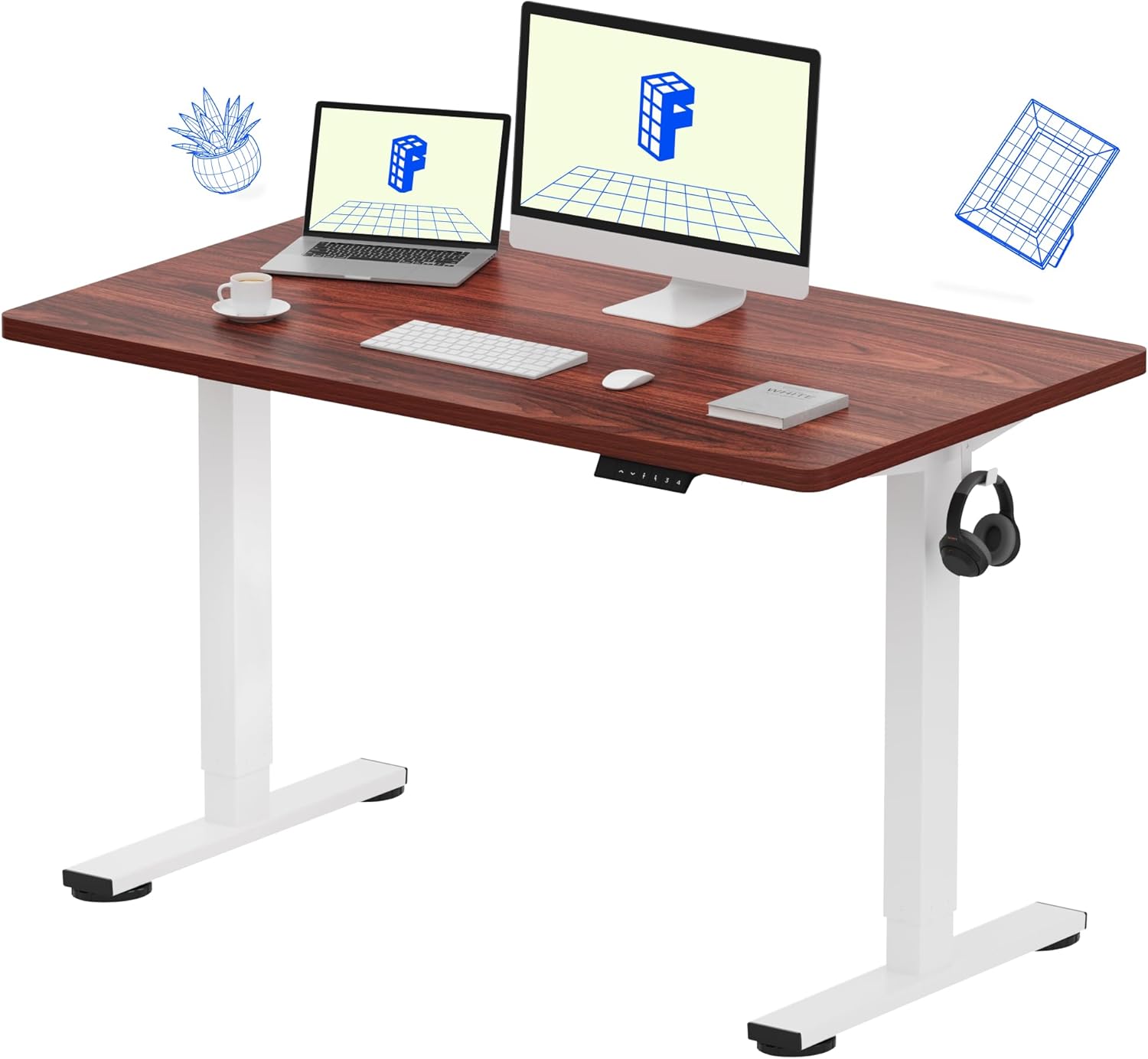 FLEXISPOT EN1 One Piece Standing Desk 48 x 24 Inch Electric Adjustable Height Desk for Home Office and Computer Workstation (White Frame + 48" Mahogany Top, 2 Packages)