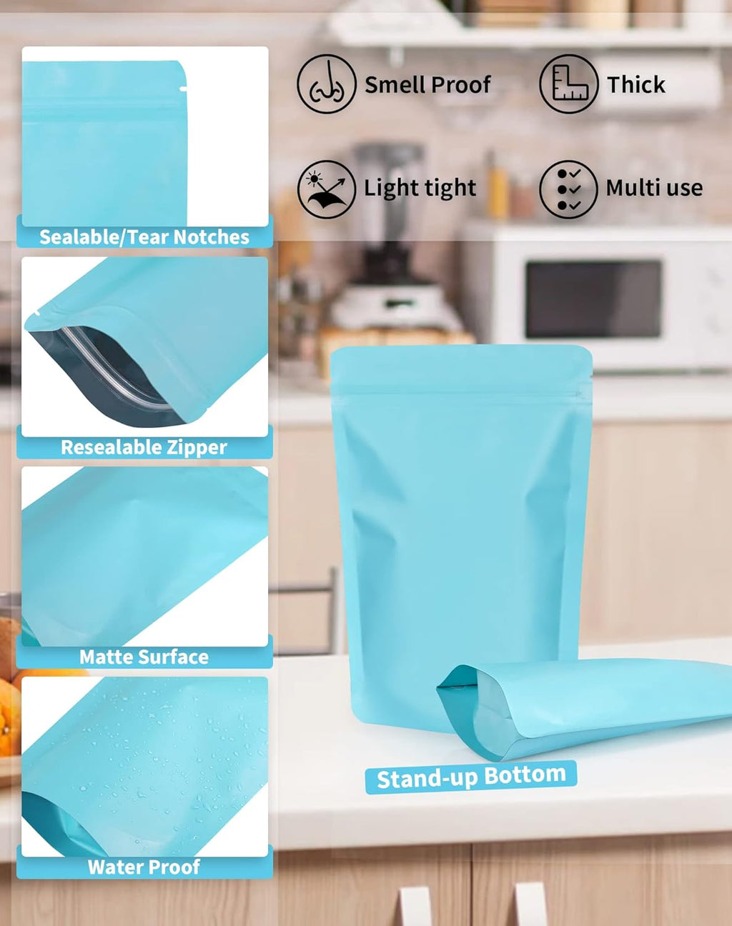 100 Pack Resealable Stand Up Bags,7.9" x 11.8" Smell Proof Pouch Sealable Foil Pouch Bags for Packaging (Blue)