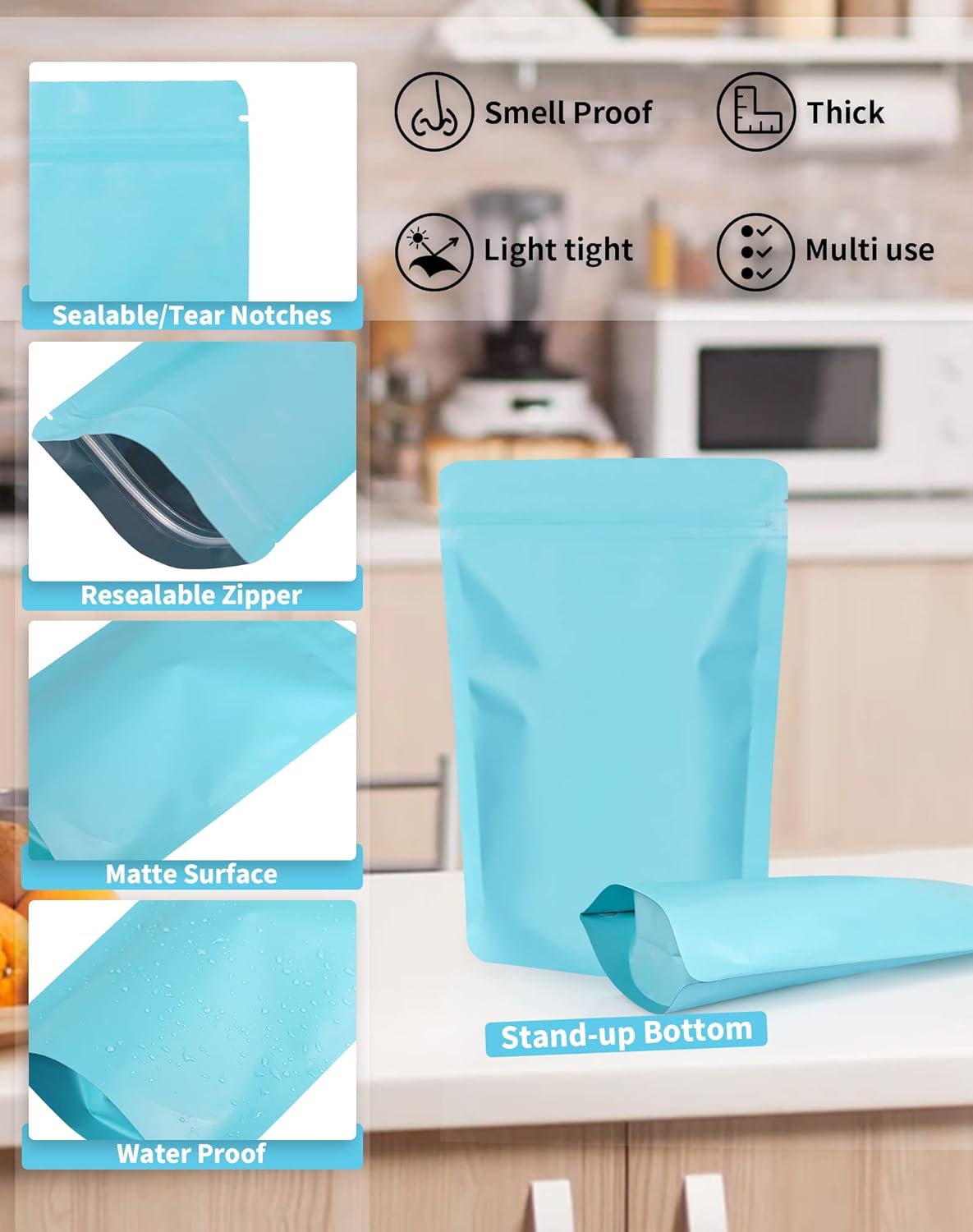 100 Pack Resealable Stand Up Bags,7.9" x 11.8" Smell Proof Pouch Sealable Foil Pouch Bags for Packaging (Blue)