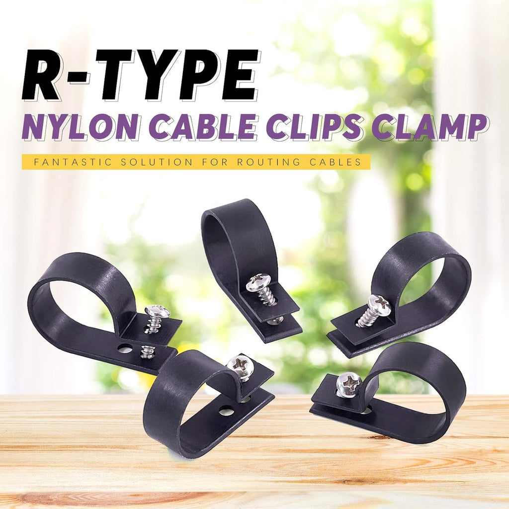 Swpeet 60 Pack Black 1 Inch Nylon Plastic R-Type Cable Clips Clamp Kit, Nylon Screw Mounting Cord Fastener Clips with 60 Pack Screws for Wire Management