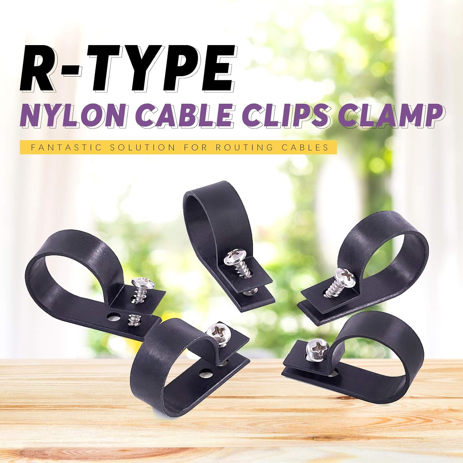 Swpeet 60 Pack Black 1 Inch Nylon Plastic R-Type Cable Clips Clamp Kit, Nylon Screw Mounting Cord Fastener Clips with 60 Pack Screws for Wire Management