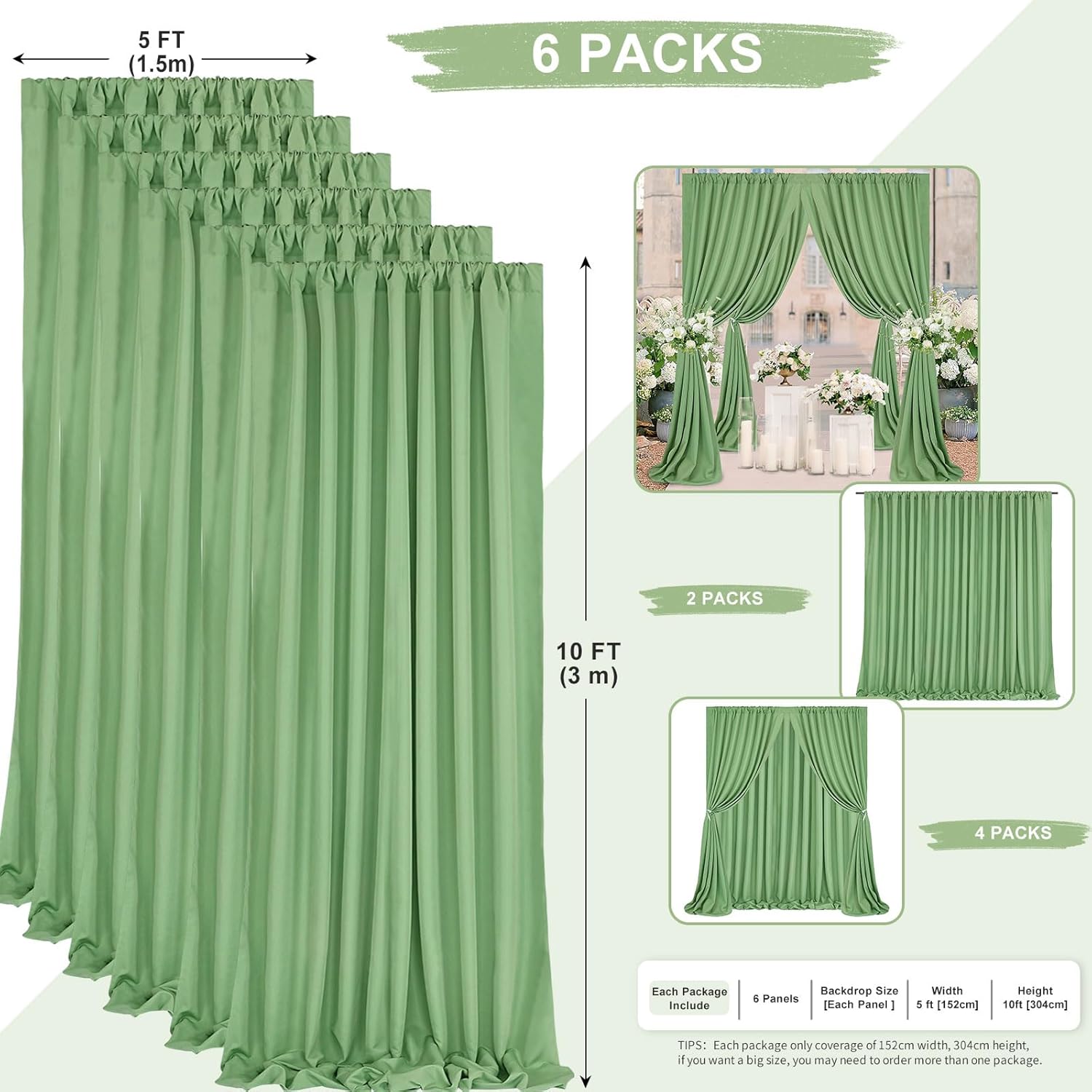 Sage Green Parties Backdrop Curtains: 30x10ft Polyester Photo Backdrop Drapes Fabric - Wedding Ceremony Party Home Window Decorations