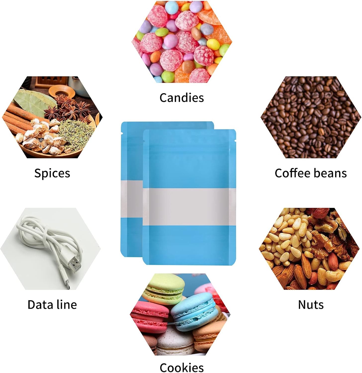 100 Pieces Smell Proof Mylar Bags, Resealable Food Storage Bags with Clear Window, Foil Pouch Stand-up for Food Self Sealing Storage Supplies (Blue, 5.3 x 7.8 Inch)