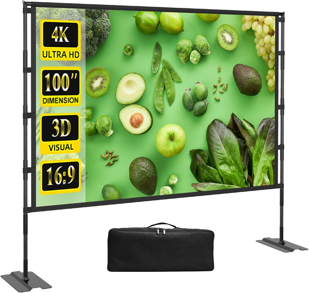 Upgrade Projector Screen Heavy-Duty Stand 100 inch Portable Projection Screen 16:9 4K HD Front Projections Movies Screen with Carry Bag for Indoor Outdoor Home Theater Backyard Cinema Travel