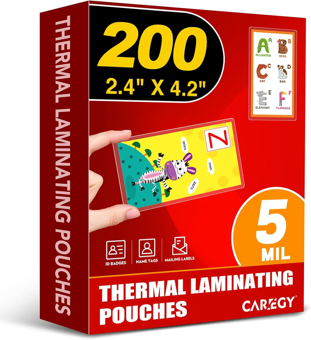 CAREGY 200 Count Thermal Laminating Pouches, 5 Mil, 2.4x4.25 Inch Laminate Business Cards, ID Card Size,Round Corner, Ideal Office or School Supplies