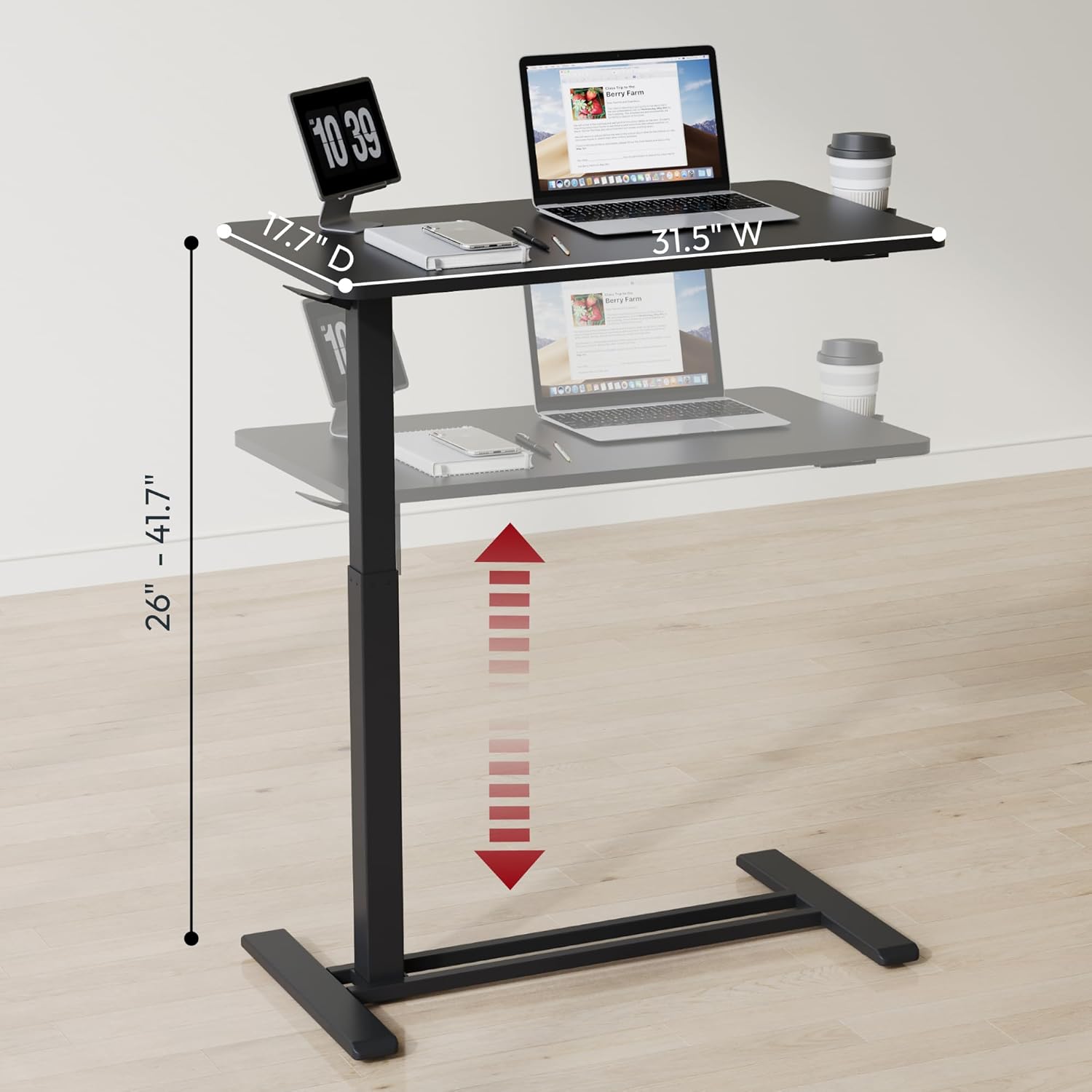 SANODESK Mobile Standing Desk with Hidden Wheels,Pneumatic Laptop Desk Rolling Computer Cart Movable Height Adjustable Small Sit Stand Desk for Home Office(31.5" W x 17.7" D, Black)