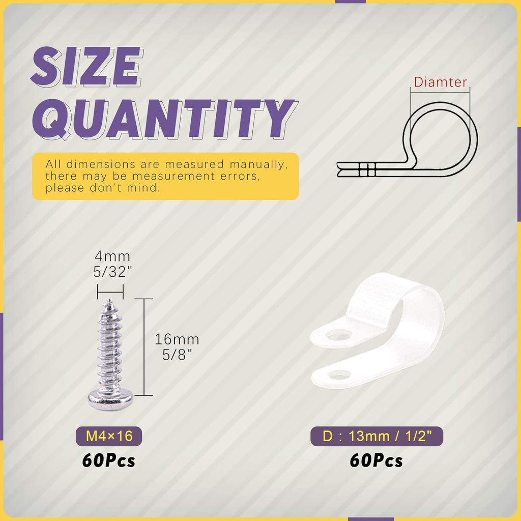 Swpeet 60 Pack White 1/2 Inch Nylon Plastic R-Type Cable Clips Clamp Kit, Nylon Screw Mounting Cord Fastener Clips with 60 Pack Screws for Wire Management (1/2 Inch, White)