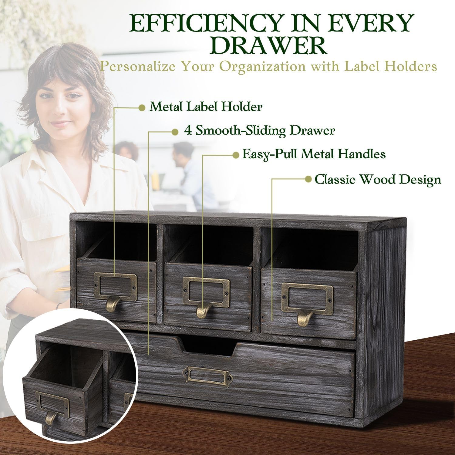 Flexzion Apothecary Cabinet with 4 Drawers - Vintage Rustic Wood Desktop Organizer for Home & Office Supplies - Tabletop Wooden Storage for Catalog, Card, Jewelry, Makeup, Craft & Tools