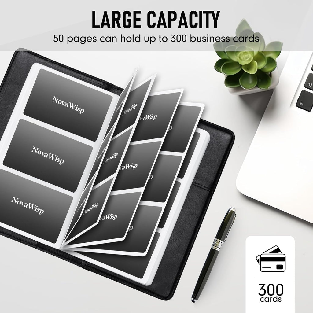 300 Business Cards Holder, 50 Pages Gift Cards Holder, Professional PU Leather Credit Cards Organizer Wallet, Portable Name Card Book Binder Folder, Men Women & Office Supplies, Black