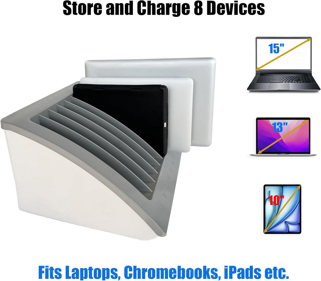 8-Device Laptop & Tablet Charging Station – Classroom & Office Organizer with Circuit Breaker & Cable Management – Fits Laptops, Chromebooks & Tablets Up to 15.6'' & 1.375'' Thick