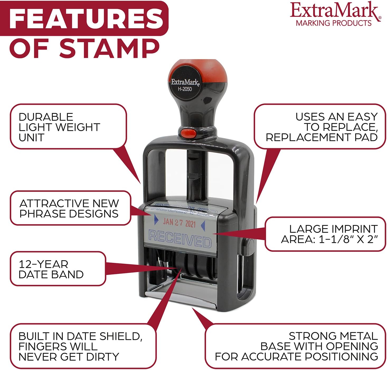 Heavy Duty Style Office Date Stamp with Received - Self Inking Dater - Style C - Black Ink Color