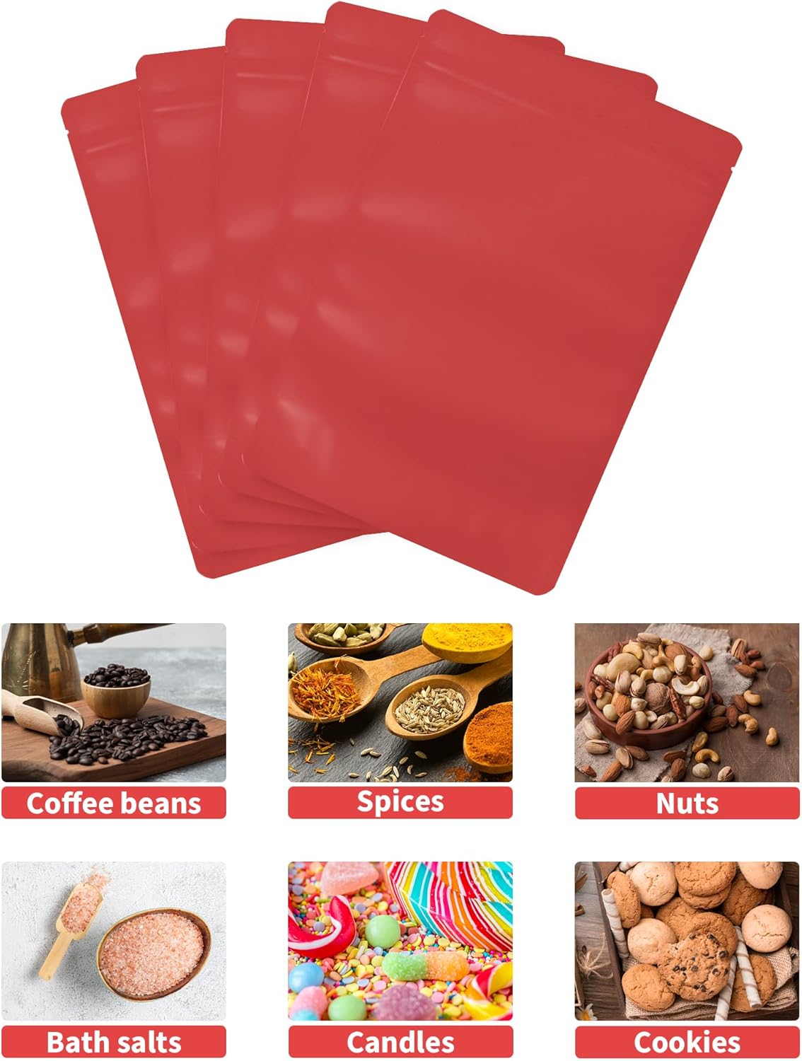 100 Pack Resealable Stand Up Bags,7.9" x 11.8" Smell Proof Pouch Sealable Foil Pouch Bags for Packaging (Red)