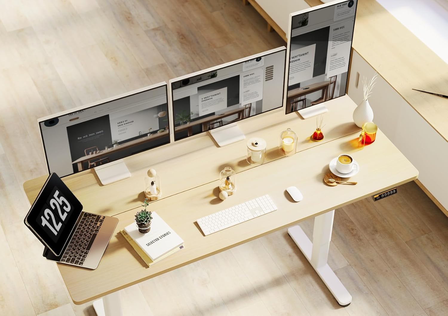 Claiks Electric Standing Desk, Adjustable Height Stand up Desk, 55x24 Inches Sit Stand Home Office Desk with Splice Board, White Frame/Nature Top