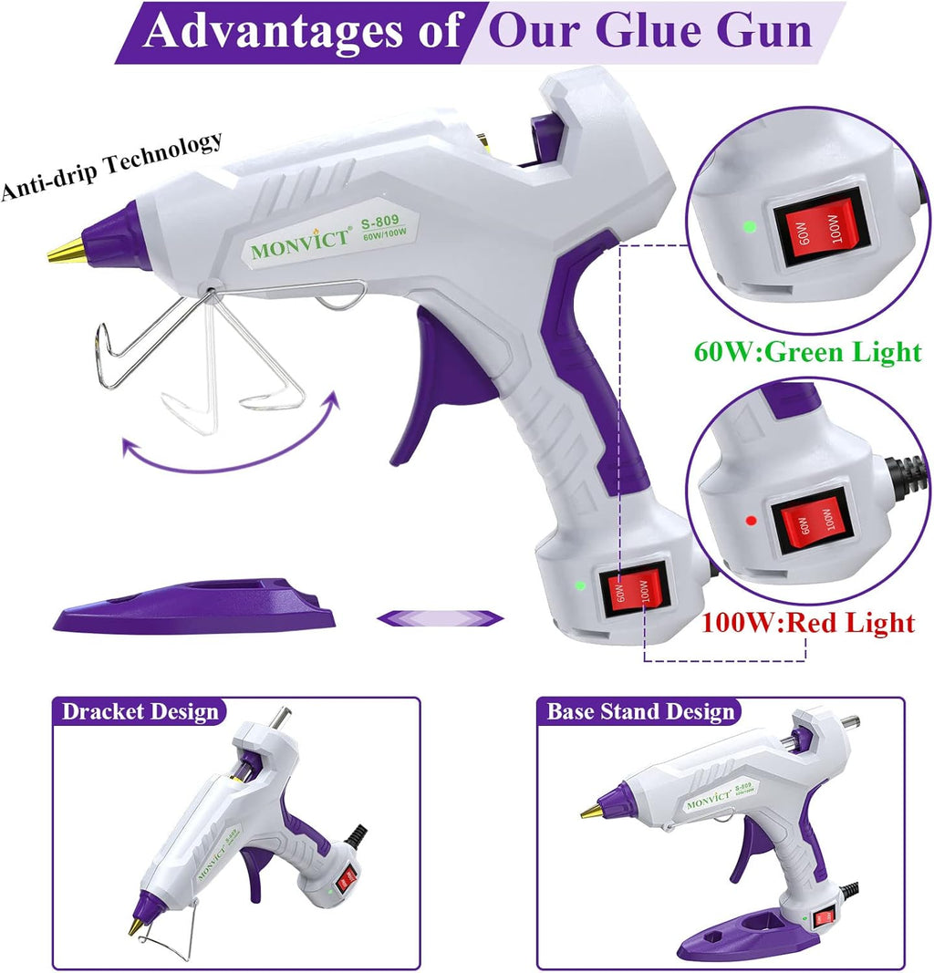 Full Size Hot Glue Gun, MONVICT Dual Temp Glue Gun 60/100W Base Stand Heavy Duty Melt Glue Gun Kit with 15 Pcs Glue Sticks & 3 Finger Protectors for Sealing Wax, Quick Repairs, DIY, Art & Crafts