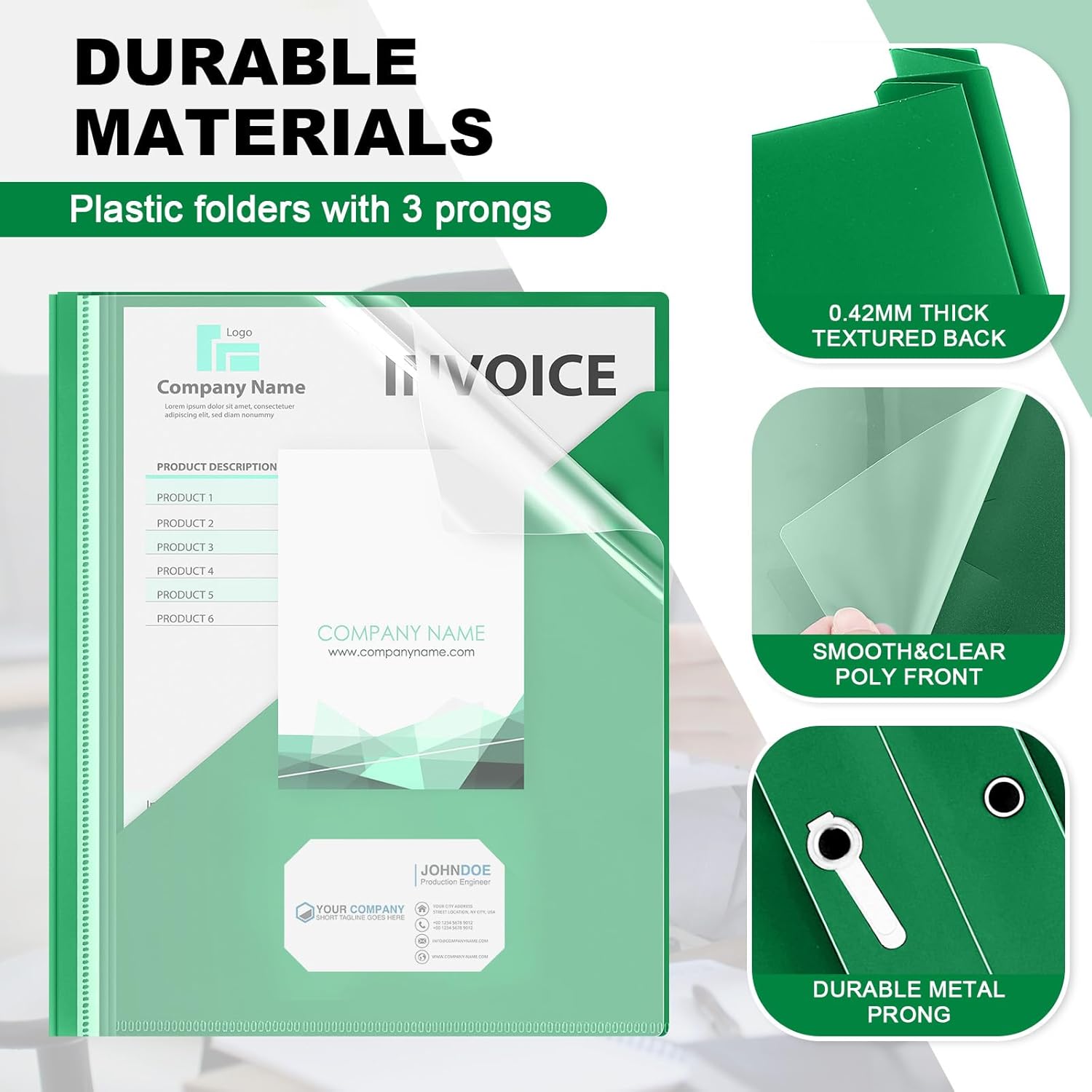 Teling 48 Pcs Clear Front Report Covers with 3 Prongs Fasteners, 11.42 x 9.45 Inch Plastic Book File Covers 90 Sheet Capacity, Presentation Folder with Green Back Cover for Office Business