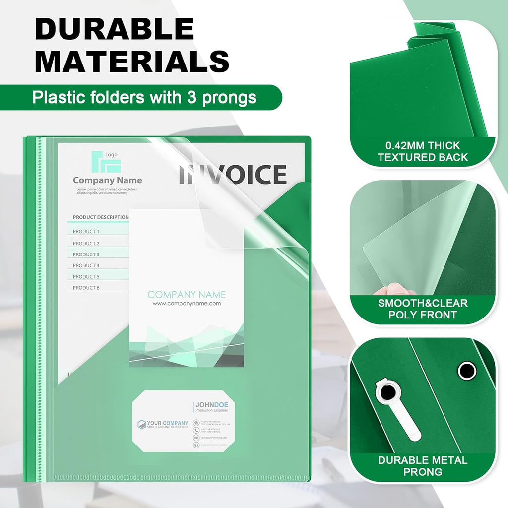 Teling 24 Pcs Clear Report Cover with 3 Prongs, Plastic Report Presentation Folders 90 Sheet Capacity Resume Document Covers for School Office(Green)