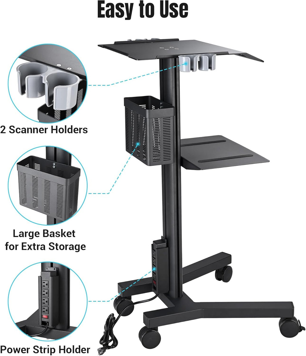 AW Mobile Laptop Cart Medical Rolling PC Stand Computer Workstation on Wheels with Handle 220 Lbs Capacity CPU Printer Power Strip Holder for Lap School Office Salon Spa Dental