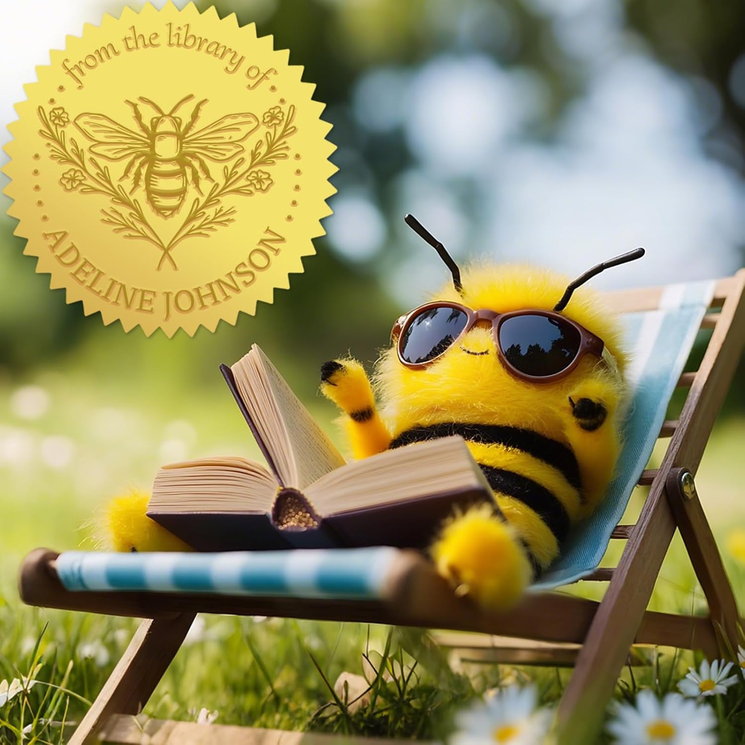 Personalized Book Embosser Stamp with Handle Set, Custom Self-Inking Library Stamp with Name & Design, Elegant Invitation Seal from Library Stamp Kit, Birthday, Book Lover Gifts （Butterfly & Bee）