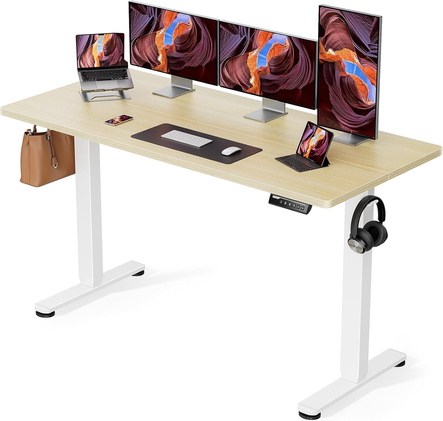 ErGear Height Adjustable Electric Standing Desk, 63 x 28 Inches Sit Stand up Desk, Large Memory Computer Home Office Desk with Two-Piece Desktop (Natural)