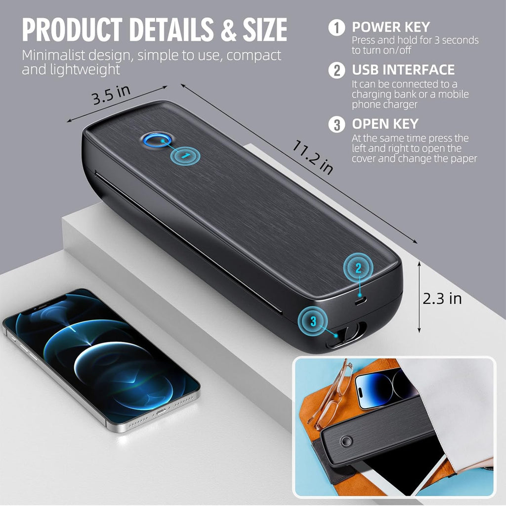 Portable Printer Wireless for Travel，Bluetooth Thermal Support 8.5inches X 11inches US Letter &Legal, A4&A5 Thermal Paper, Inkless Compatible with iOS, Android & Laptop for Office Car Home