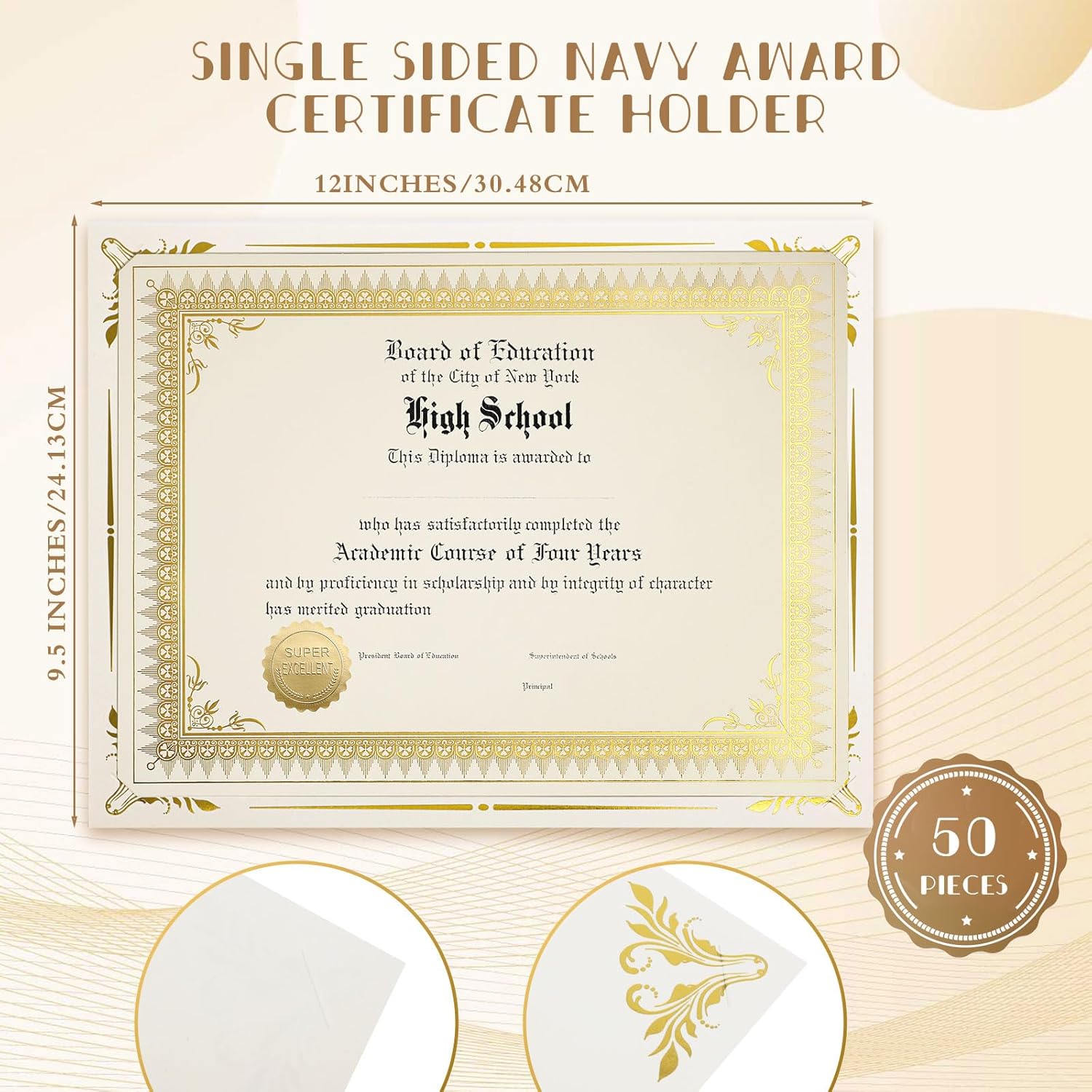 Fainne 50 Sets Certificate Kit Includes 50 Pcs 9.5 x 12 Inch Certificate Holders 50 Pcs Letter Size Papers 50 Pcs Foil Award Seals Diploma Covers for Appreciation(Beige, Gold)