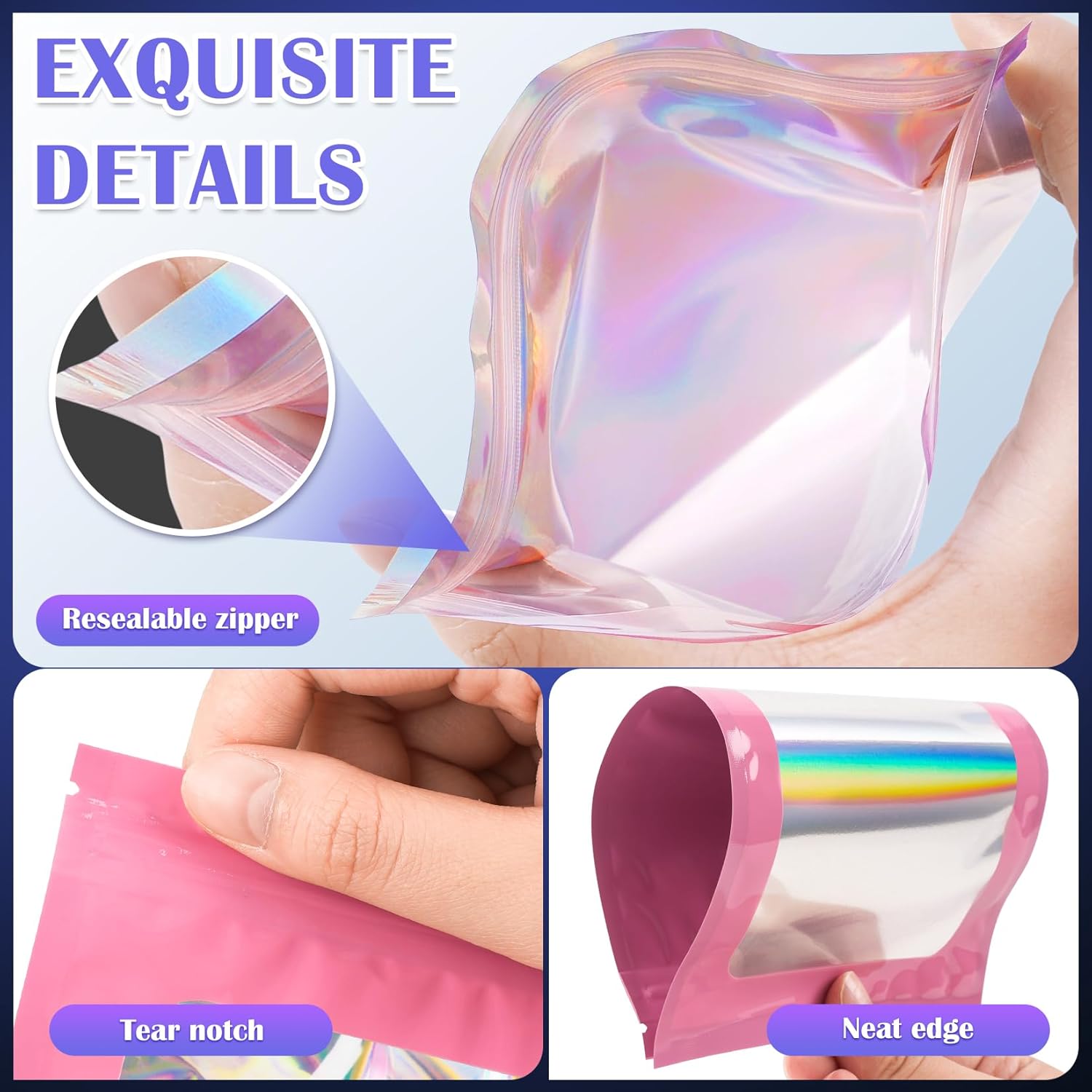 100 PCS Mylar Bags, Pink Holographic Bags, Smell Proof Bag, Resealable Bag for Small Business, Packaging, Food Storage, Bracelets, Jewelry（5.5x7.9in）