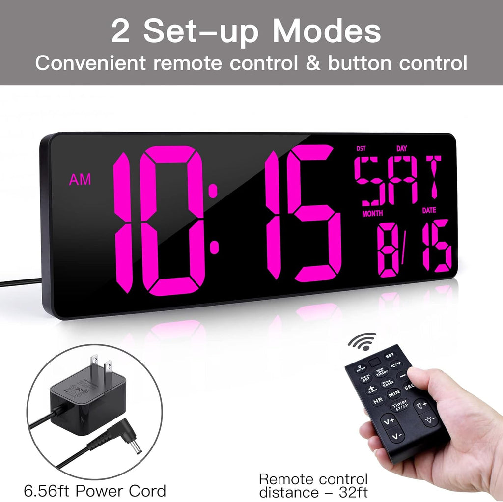 XREXS Large Digital Wall Clock with Remote Control, 16.5 Inch LED Large Display Count Up & Down Timer, Adjustable Brightness Alarm Clock with Day/Date/Temperature for Living Room, Bedroom, Office, Gym
