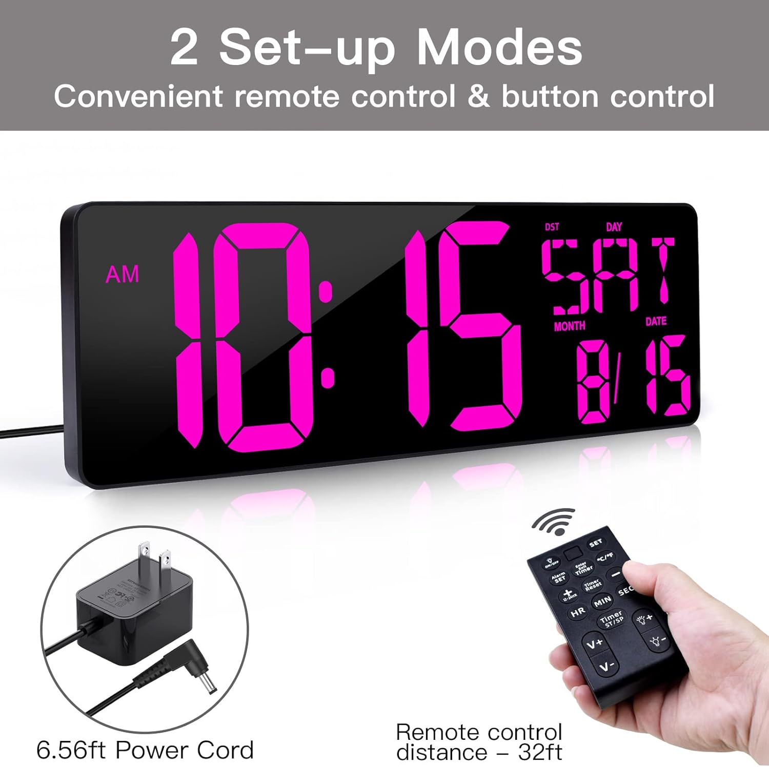 XREXS Large Digital Wall Clock with Remote Control, 16.5 Inch LED Large Display Count Up & Down Timer, Adjustable Brightness Alarm Clock with Day/Date/Temperature for Living Room, Bedroom, Office, Gym