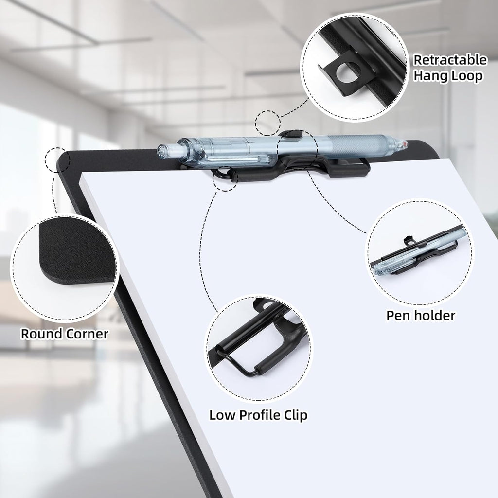 Black Clipboard with Pen Holder, 2 Pack Plastic Clipboard with Low Profile Metal Clip, Hanging Clip Boards Holds 8.5x11 Inch Papers, Standard A4 Letter Size Clip Boards for Offices & School