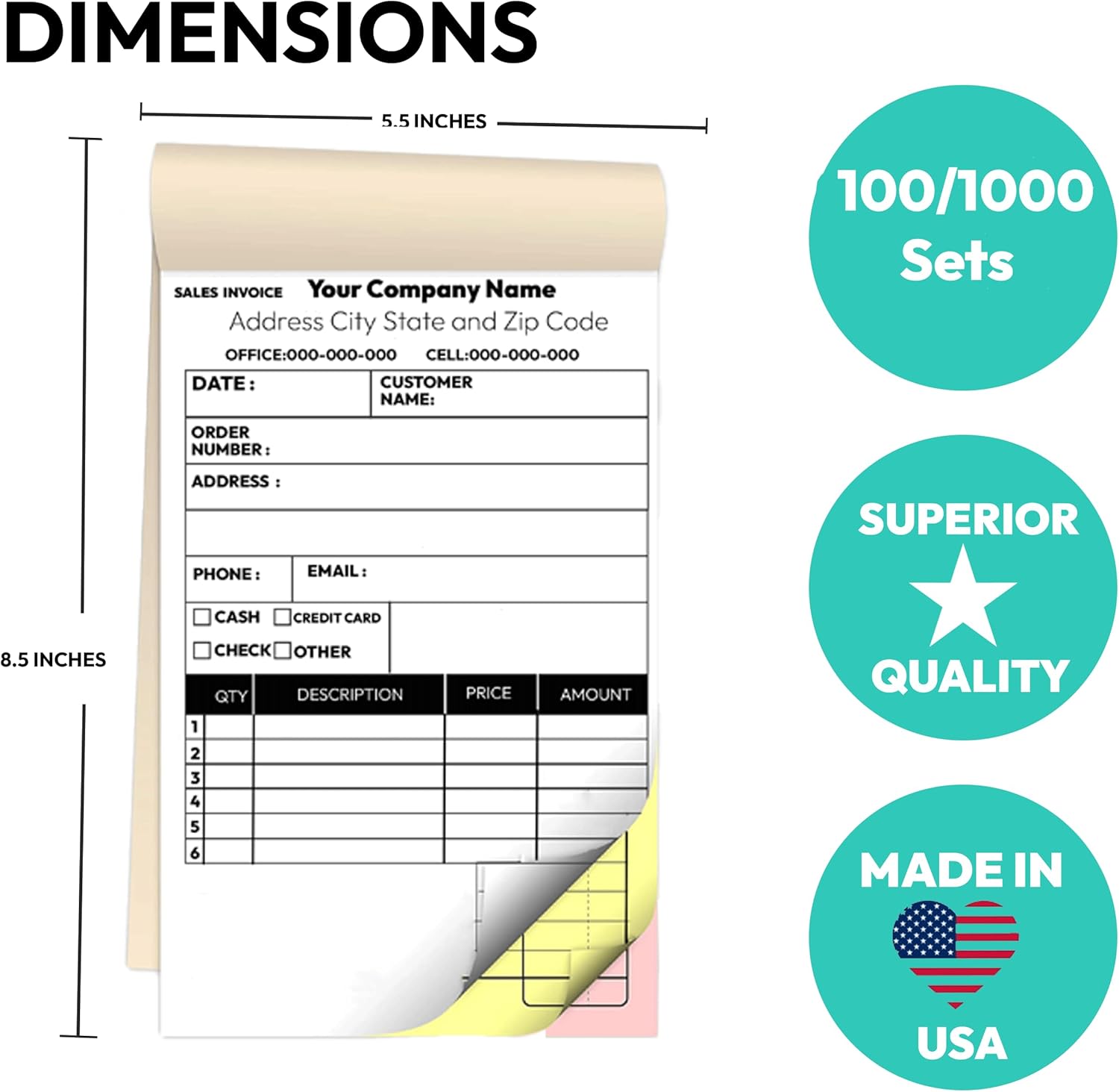 Custom 5.5" X 8.5" Invoice Receipt Book, Carbonless NCR Invoice Book in 3-Part Duplicate Receipts, Estimates, Purchase Orders, Sales Orders, Price Forms with Your Company/Business Name