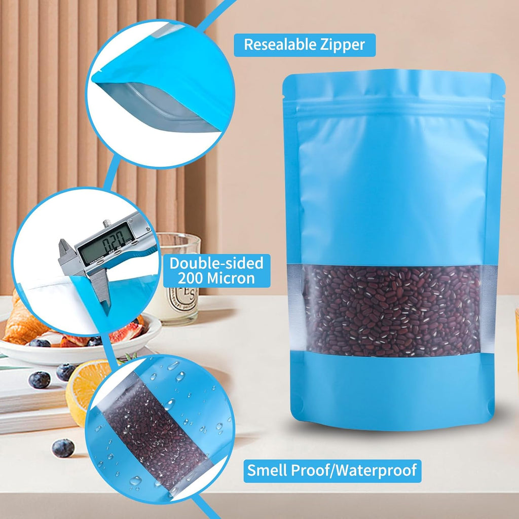 100 Pack Smell Proof Bags, Resealable Blue Mylar Bags with Matte Window, Foil Pouch Stand Up Sealable Bags for Packaging, 4.72 × 7.87 Inch