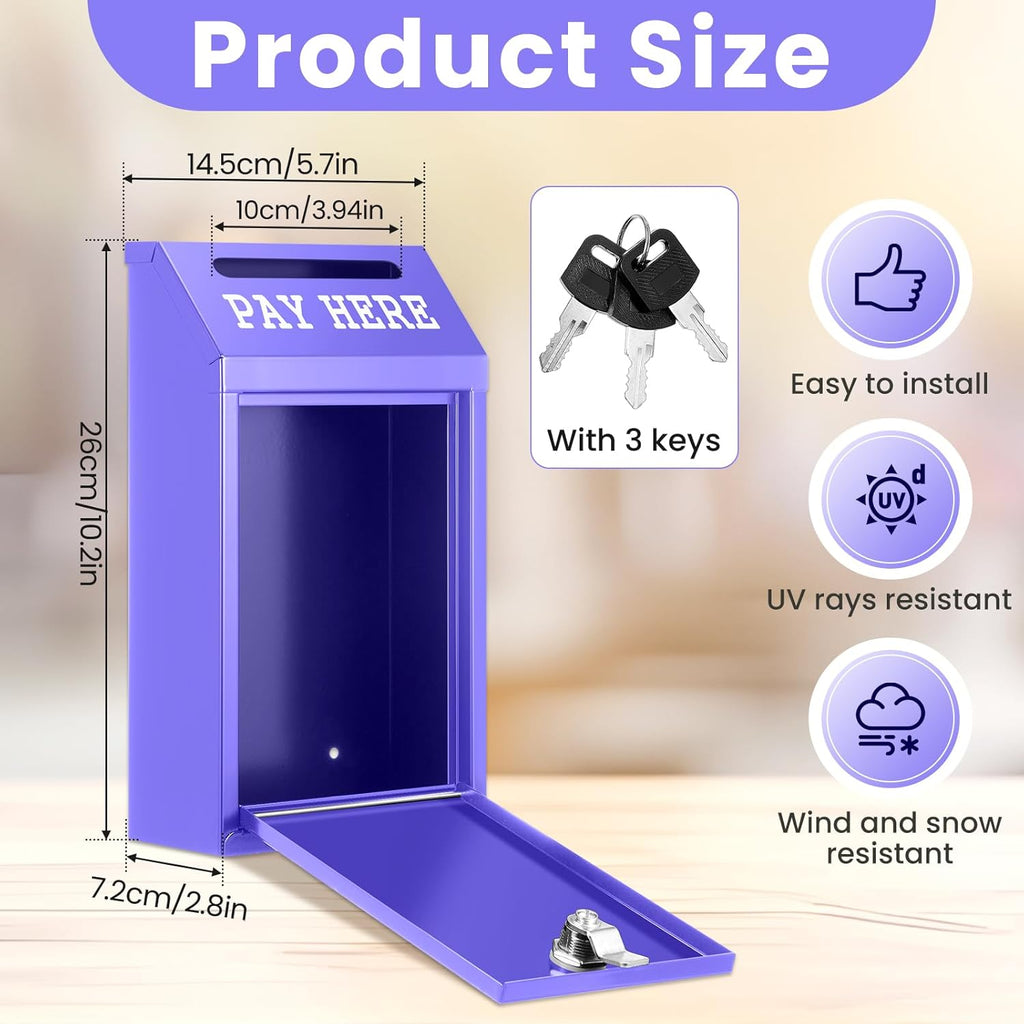 Safe Cash Box Money Collection Metal Donation Box with Lock Wall Mount Pre Drilled Mailbox Delivery Ballot for Home Office Outdoor Self Serve Stand (Purple,10.2 x 5.7 x 2.8 Inch)