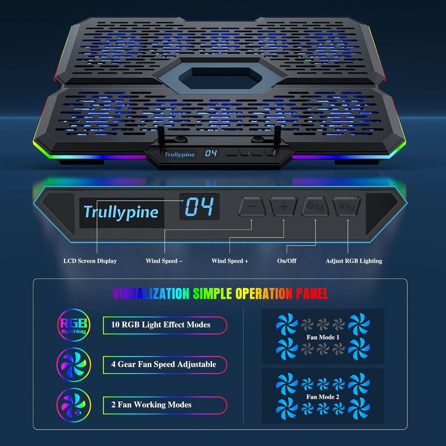Laptop Cooling Pad, Gaming Laptop Cooler with 10 Quiet Fans, Height Adjustable Laptop Cooling Stand for 12"-17" Laptops, RGB Lights with Laptop Fan with 2 USB Port and Phone Stand