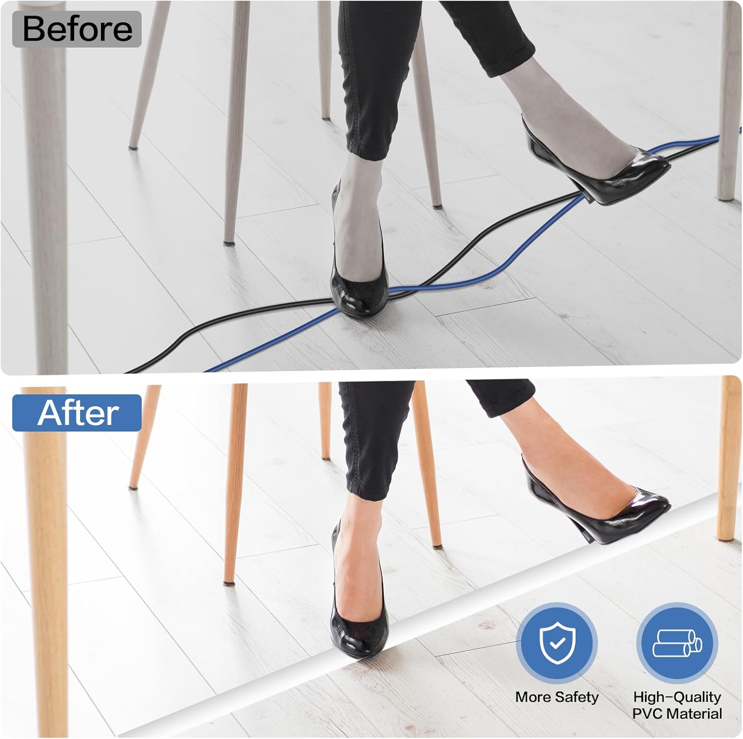 Floor Cord Cover Self Adhesive Cord Hider Floor Extension Cord Covers for Floor Power Cord Protector Cable Management Prevent Cable Trips Cable Cavity 0.59" W x 0.31" H (White, 20Ft)