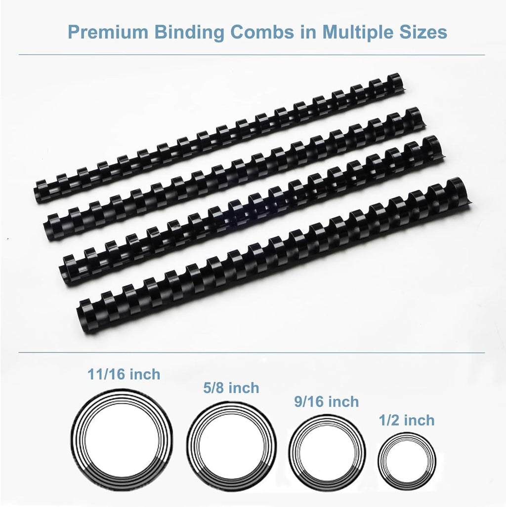 Rayson CR12141618BK Plastic Binding Combs 1/2in. 9/16in, 5/8in, 11/16in, 19-Ring Letter Size, Black Comb Binding Spines, Multi-Size Pack of 80