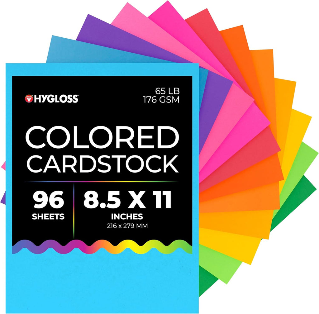 Hygloss Bright Colored Cardstock - 8.5x11-Inch, 12 Assorted Colors, 96 Sheets, 65 lb/ 176 gsm, Fade-Resistant, Acid-Free Color Card Stock Paper