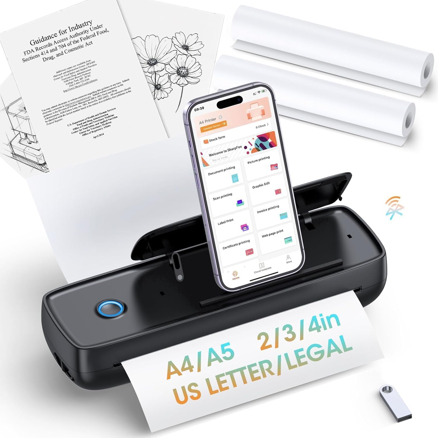 Portable Thermal Printer, Wireless & Bluetooth Mini Inkless Printer for Travel, Office, Home, Supports 8.5x11inch, Compatible with iPhone, Android, Laptop(Black)