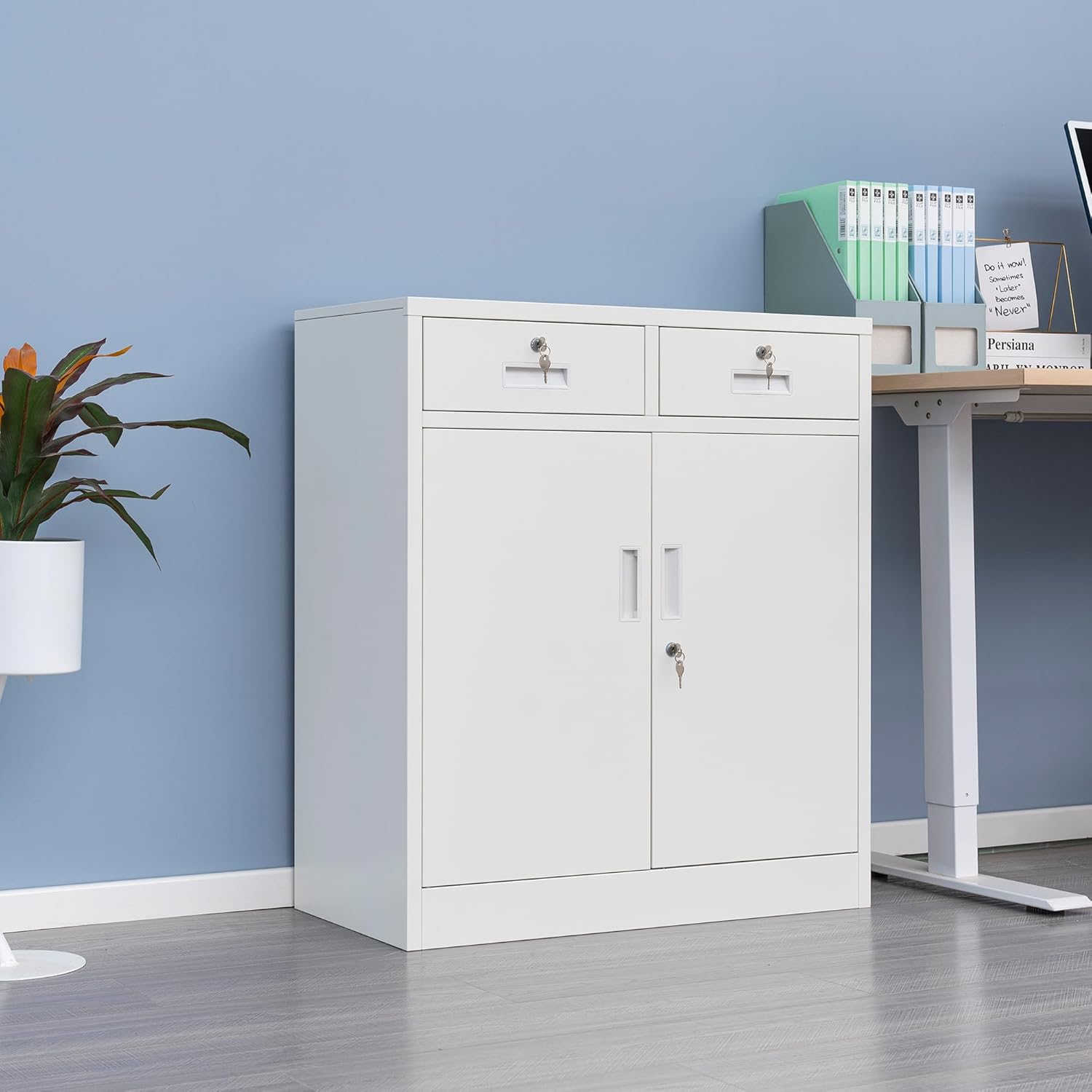CMY Metal Storage Cabinet with Two Drawers, 36" H Steel Cabinets with Adjustable Shelf, Locking Storage Cabinet for Office, Garage, Home-White