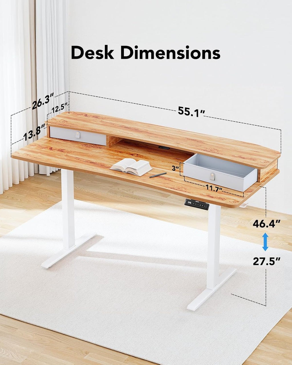 HUANUO 55″ x 26″ Electric Standing Desk with 2 Drawers, C-Clamp Mount Compatible, Height Adjustable Computer Desk, Home Office Stand Up Desk with 4 Preset Heights & 2 Hooks, Light Vintage