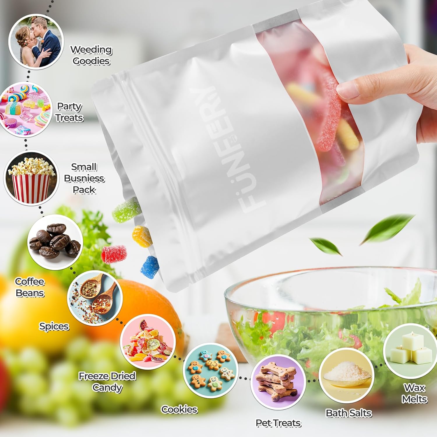 Funfery 100 Pcs Smell Proof Packaging Bags,Mylar Clear Bags for Food Storage,Sealable Bag for Packaging,Stand Up Pouches with Window,ReSealable Bag for Small Business,Cookies,Candy(White,4.7x7.9in)