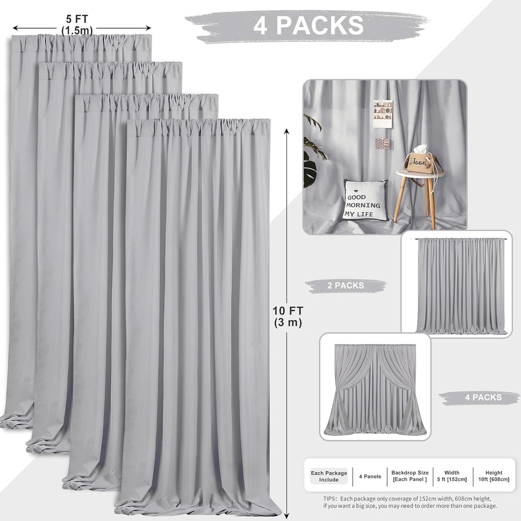 Grey Polyester Backdrop Curtains 20 ft x 10 ft Photography Backdrop Drapes for Birthday Party Decorations 4 Panels 5ft x 10ft