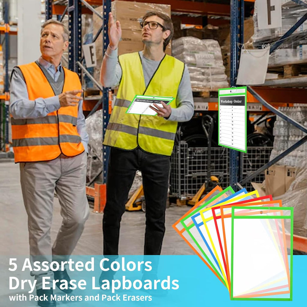 50 Pack 6x9 Inch Shop Ticket Holders - 5 Assorted Colors Dry Erase Pocket Sleeves with 5 Rings for Industrial Shop Ticket & Office