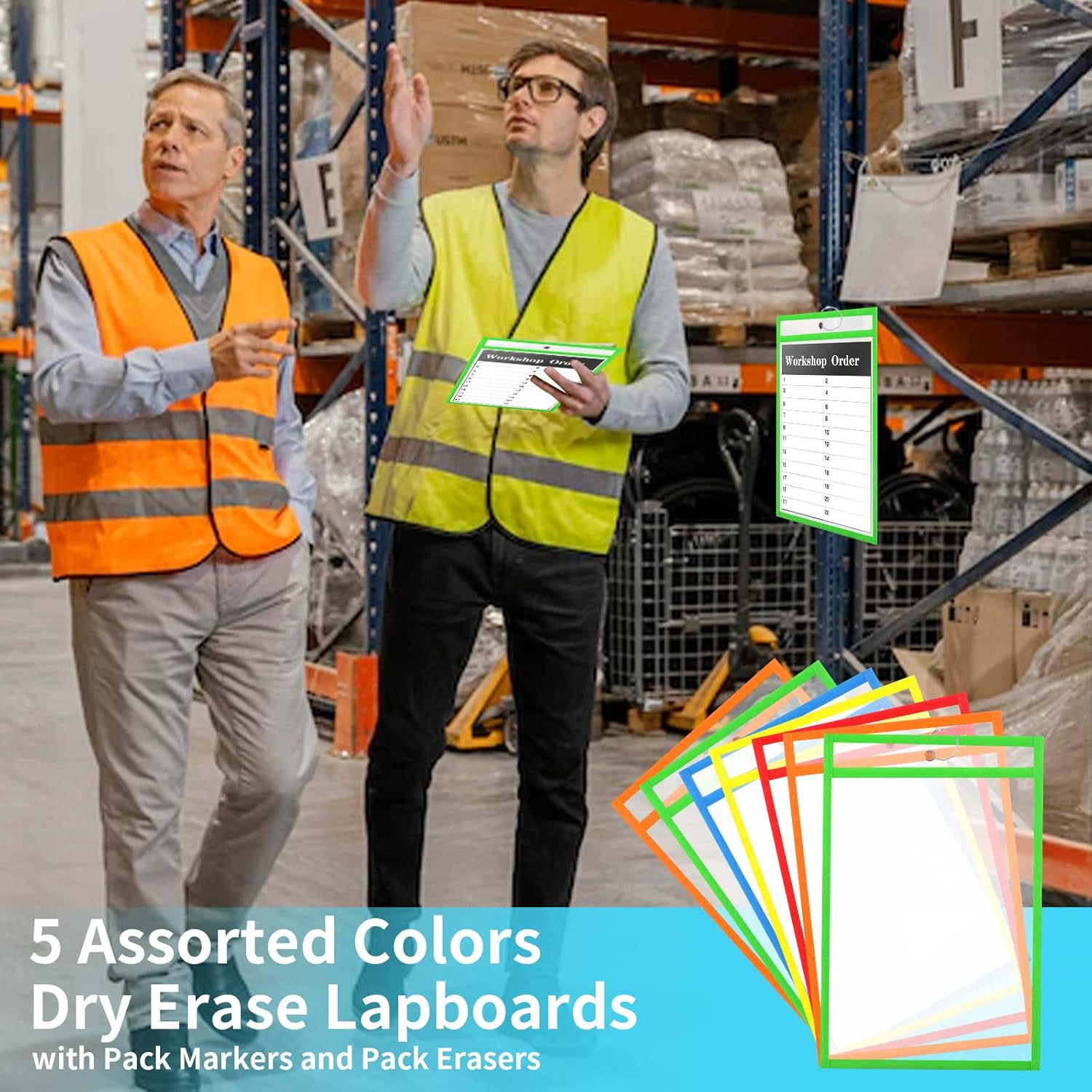 50 Pack 6x9 Inch Shop Ticket Holders - 5 Assorted Colors Dry Erase Pocket Sleeves with 5 Rings for Industrial Shop Ticket & Office
