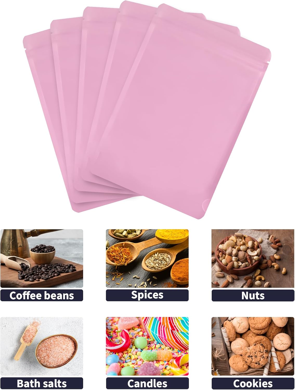 100 Pack Resealable Stand Up Bags,7.9" x 11.8" Smell Proof Pouch Sealable Foil Pouch Bags for Packaging (Pink)