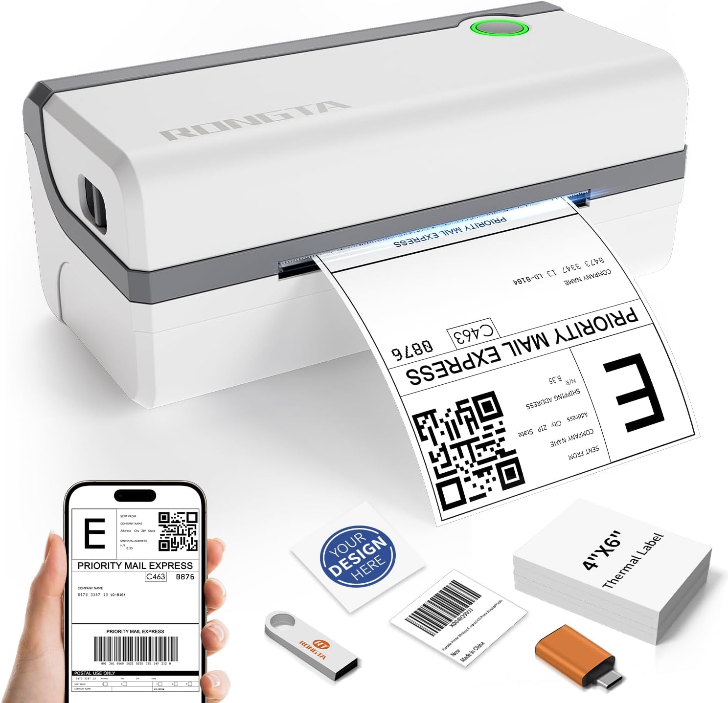 Rongta Bluetooth Thermal Shipping Label Printer, Wireless 4x6 Label Sticker Printer for Shipping Packages, Support Android, iPhone, Widely Used for Amazon, Ebay, Shopify, Etsy, UPS