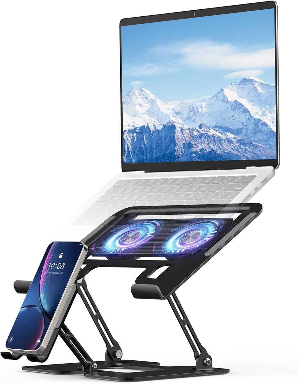 Laptop Stand with Fan, MacBook Cooling Stand with 2 Removable Silent Fans and Phone Holder,Adjustable Height and Angle,Laptop Cooling Pad for 10-18 Inch Laptop,MacBook Pro,Tablet (Black)