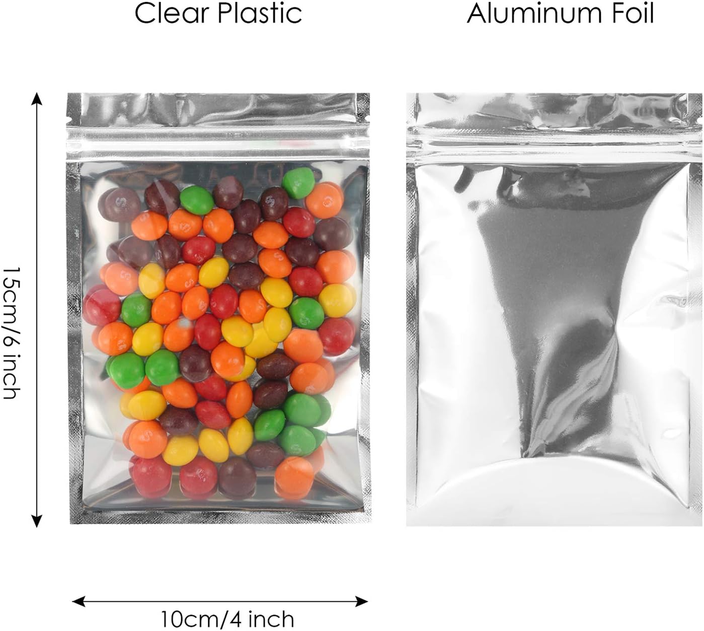 Resealable Mylar Bags | 100 Pcs 4 X 6 Inch | Smell Proof Bag Heat Seal Cute Packaging Foil Food Sealable Small Front Clear Plastic Silver for Storage Candy Beef Jerky Jewerly Product
