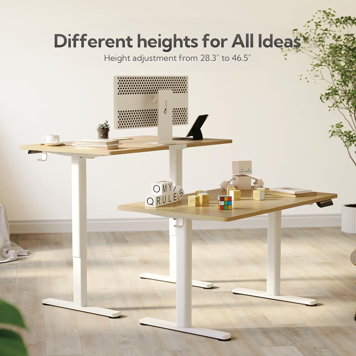 Claiks Electric Standing Desk, Adjustable Height Stand up Desk, 63x24 Inches Sit Stand Home Office Desk with Splice Board, White Frame/Nature Top