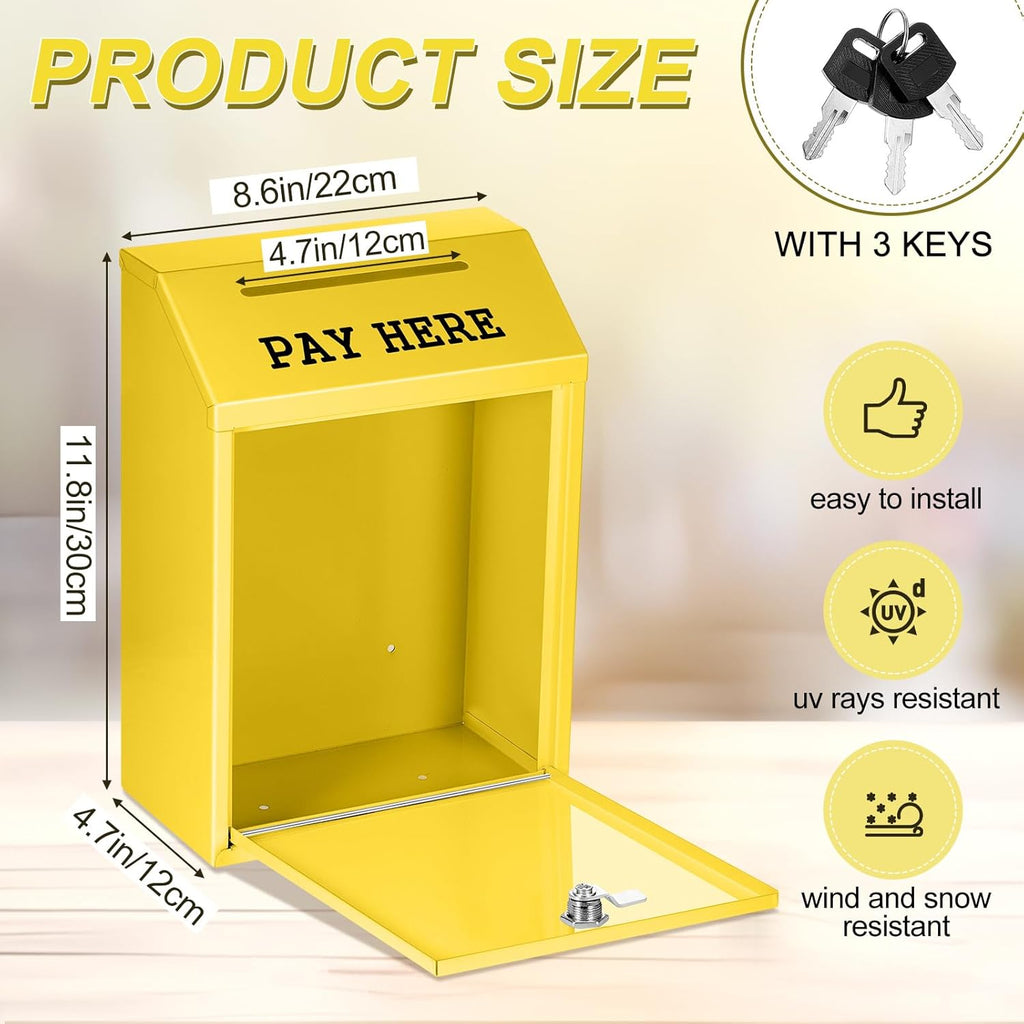 Safe Cash Box Money Collection Metal Donation Box with Lock Wall Mount Pre Drilled Mailbox Delivery Ballot for Home Office Outdoor Self Serve Stand(Yellow,11.8 x 8.6 x 4.7 Inch)